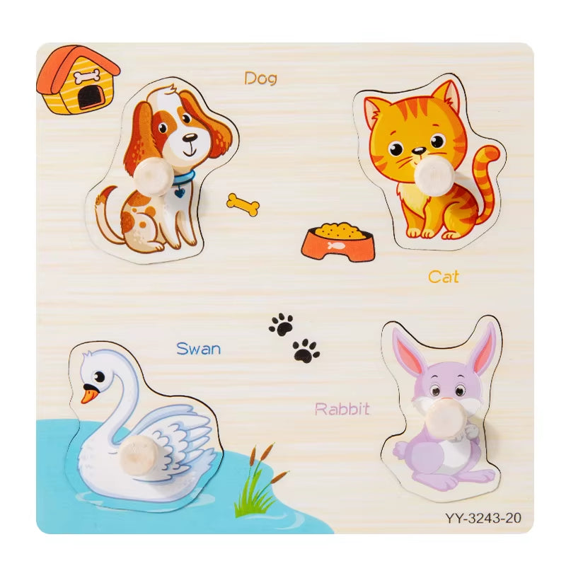 Wooden Mini Cartoon Animal Vehicle Pegged Puzzles Baby Montessori Plywood Early Educational Learning Toys for Kids Boys Girls